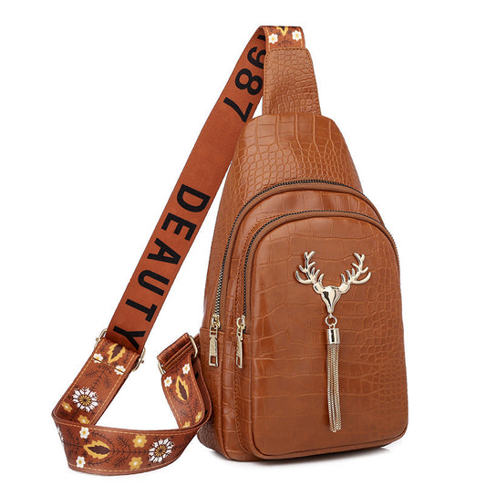 Women's Trendy Sling Chest Bag – Deer Charm & Tassel Zipper | Wide Strap Crossbody with Fashion Letter Embroidery