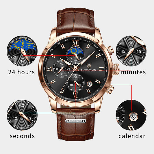 Men’s Fashion Quartz Watch – 24‑Hour Calendar, Night‑Light Mode, Genuine Leather Strap (Business‑Casual)