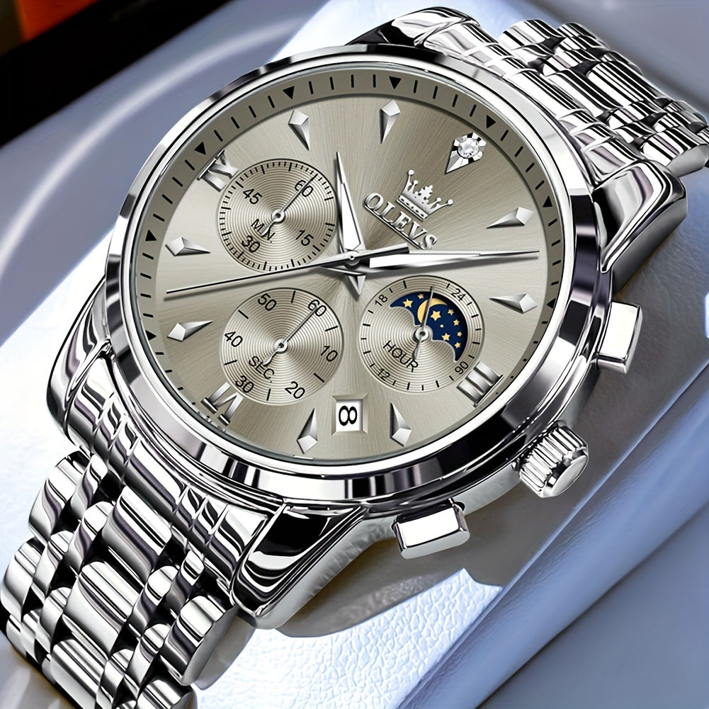 Men’s Luxury Two‑Tone Chronograph Watch – Moon Phase, Date, Luminous Hands, Stainless Steel Business Dress Quartz Wristwatch