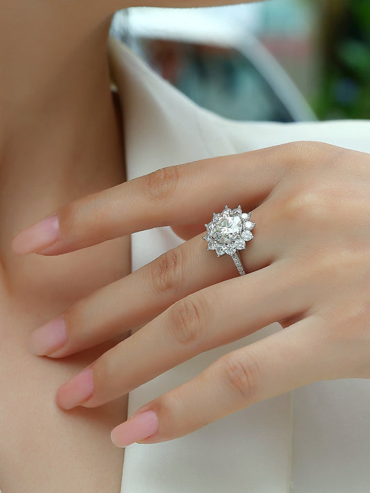 "Sunflower" 3 Carat Moissanite Halo Ring – S925 Sterling Silver with Platinum Plating | Luxury Floral Statement Engagement Jewelry