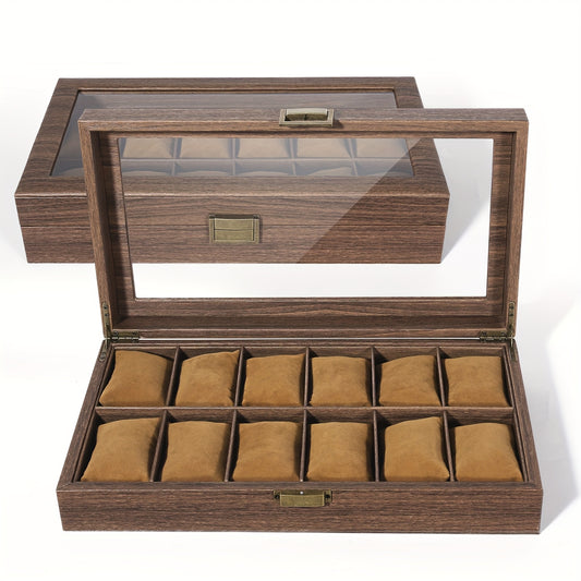 Watch Box 12 Slots, Watch Case Organizer With Real Glass Lid, Wood Grain PU Leather Watch Display Storage Box With Removable Imitation Suede Watch Pillows, Metal Clasp, Decorative Jewelry Boxes