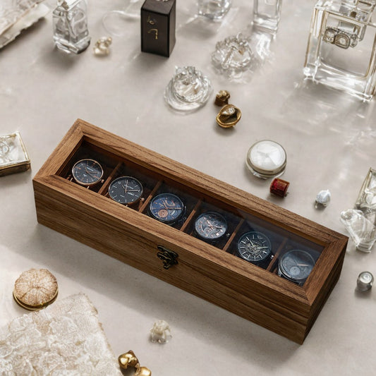 Premium Walnut Wood Watch Box & Jewelry Organizer – Glass Top Display Case with Removable Cushions | Rustic Luxury Gift for Him & Her