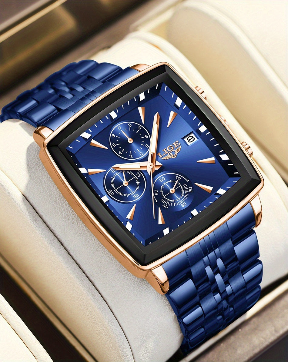Men's 2025 Fashion Square Watch – Calendar Display, Sports & Casual Style, Stainless Steel | Available in Blue, Black & Gold