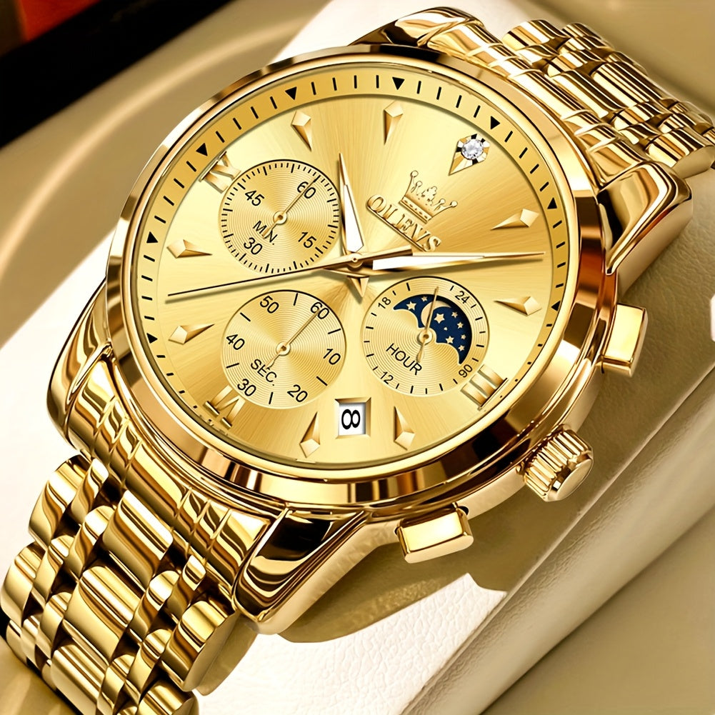 Men’s Luxury Two‑Tone Chronograph Watch – Moon Phase, Date, Luminous Hands, Stainless Steel Business Dress Quartz Wristwatch
