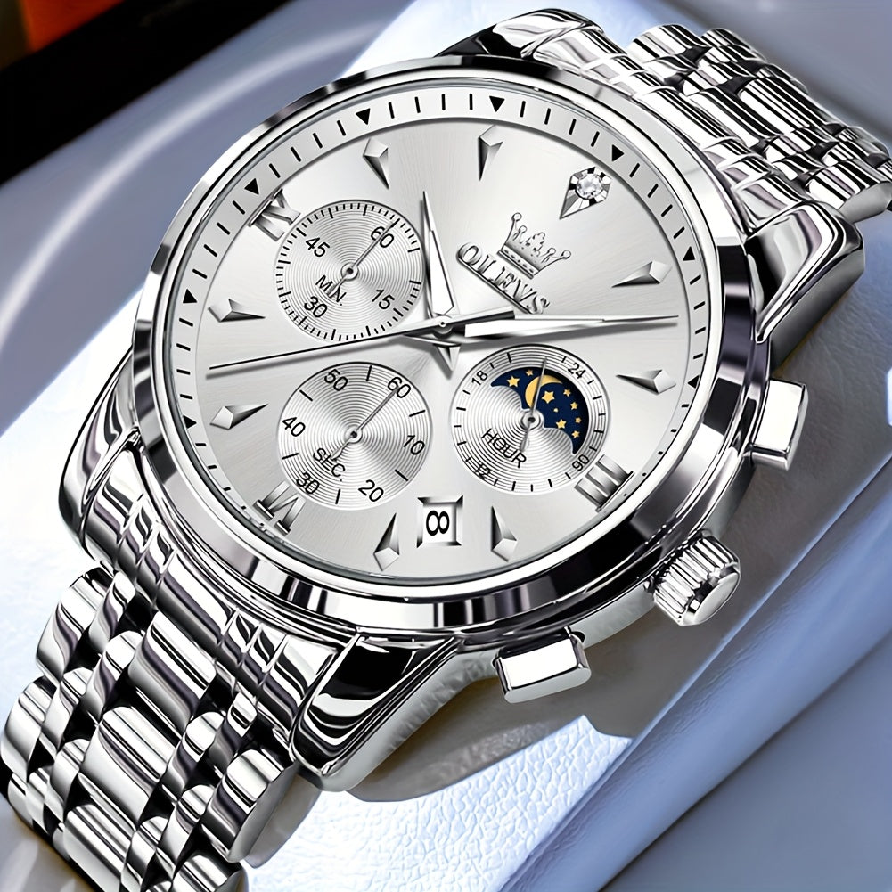 Men’s Luxury Two‑Tone Chronograph Watch – Moon Phase, Date, Luminous Hands, Stainless Steel Business Dress Quartz Wristwatch