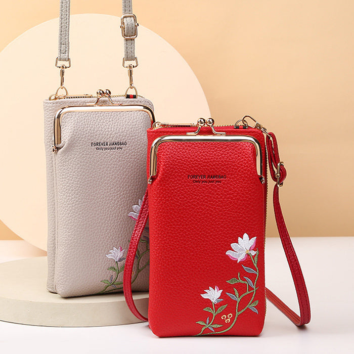 Women's Embroidered Floral Phone Bag & Wallet – PU Leather Crossbody Purse with Secure Lock Buckle | Compact Outdoor Shoulder Holder