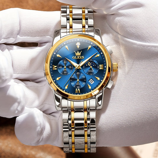Men’s Luxury Two‑Tone Chronograph Watch – Moon Phase, Date, Luminous Hands, Stainless Steel Business Dress Quartz Wristwatch