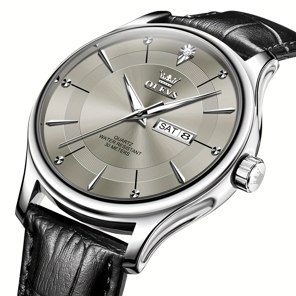 Men's Large Face Quartz Watch – Luminous Hands, Date & Day Display, Stainless Steel Strap | Blue, Gray & White Dial Options