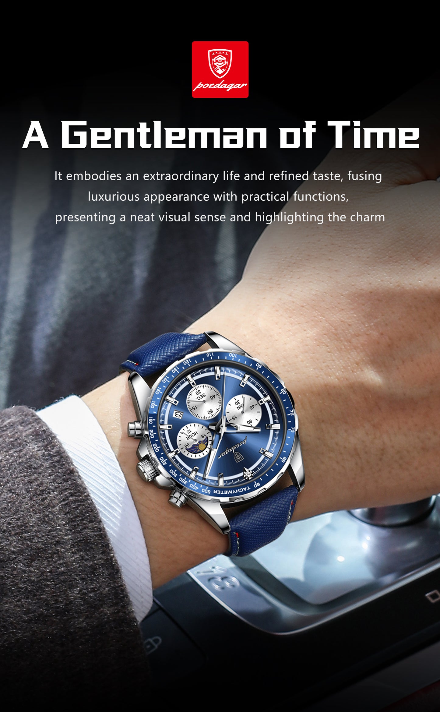 Men's Glow-in-the-Dark Quartz Watch – Luminous Hands &amp; Markers, Chronograph, Date, 3ATM Water Resistant, Leather Strap