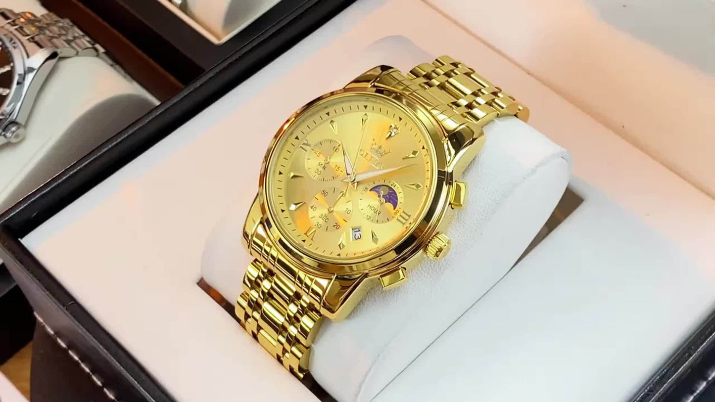 Men’s Luxury Two‑Tone Chronograph Watch – Moon Phase, Date, Luminous Hands, Stainless Steel Business Dress Quartz Wristwatch