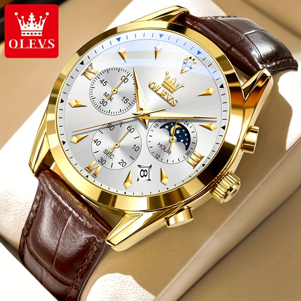 Men's Luxury Luminous Quartz Watch with Date & Day Display, Stainless Steel Case & PU Leather Strap, Rose Golden Accents - Business Casual Wristwatch for Formal & Casual Attire