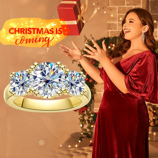 5 Carat Total Weight Moissanite Three-Stone Engagement Ring – VVS1 Round Cut, 18K Gold Plated over 925 Sterling Silver | Luxury Anniversary Statement Jewelry