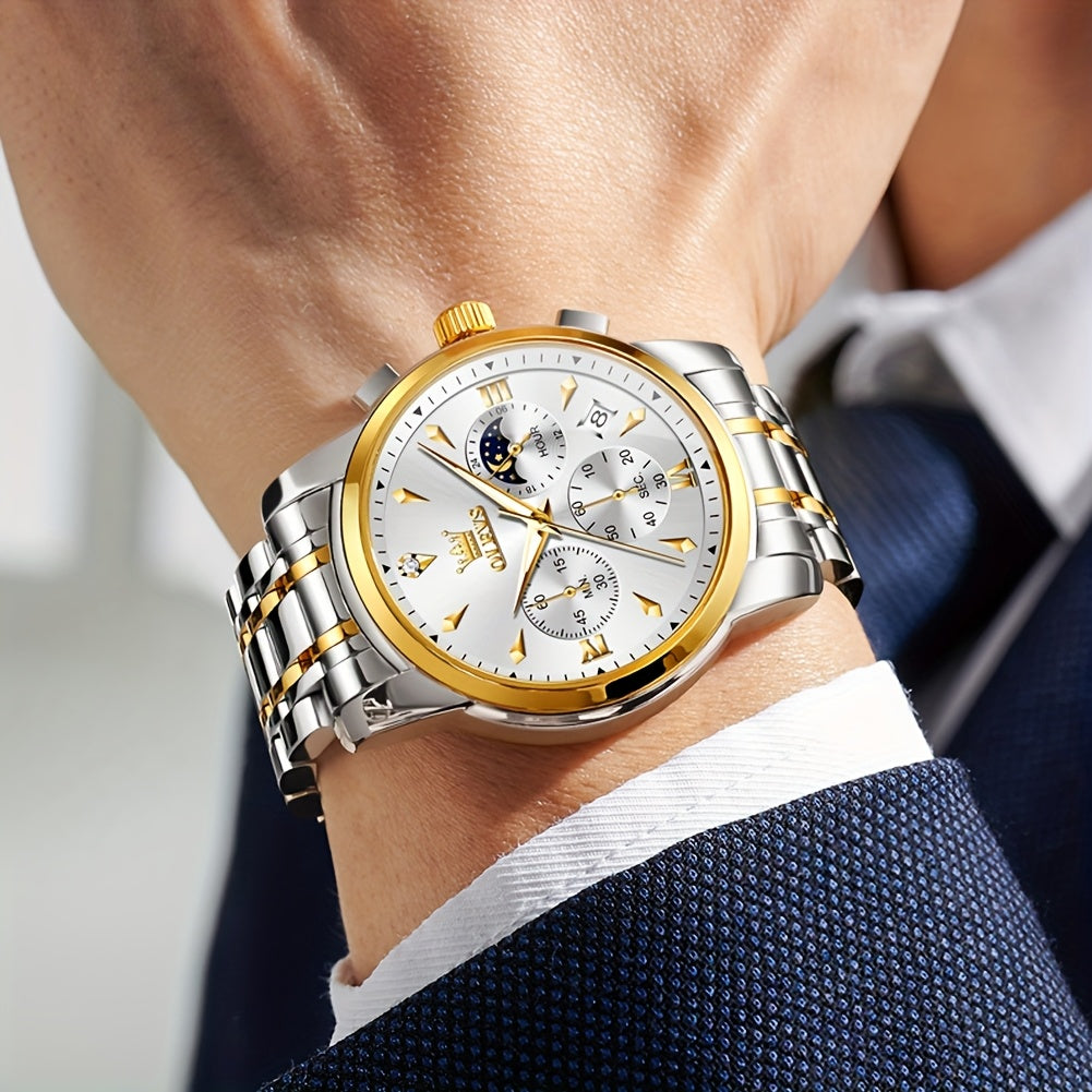 Men’s Luxury Two‑Tone Chronograph Watch – Moon Phase, Date, Luminous Hands, Stainless Steel Business Dress Quartz Wristwatch