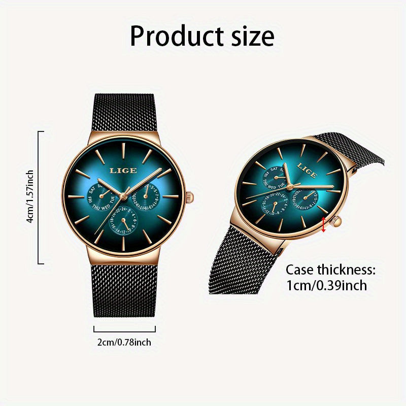 Men’s Ultra-Thin Luxury Mesh Steel Watch – Multifunction Quartz, 24‑Hour Subdial, Day/Date Calendar | Elegant Business & Casual Gift