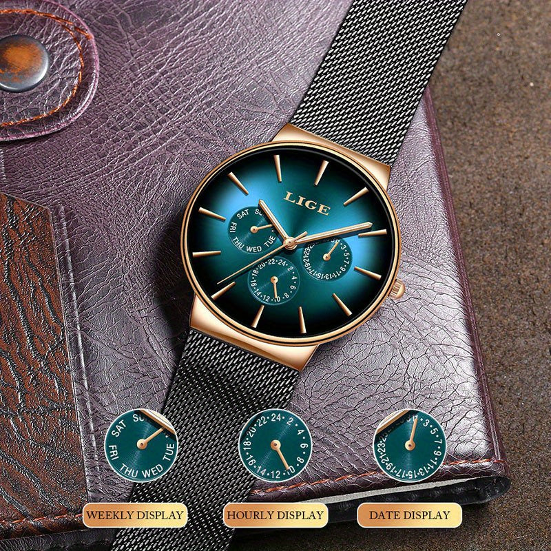 Men’s Ultra-Thin Luxury Mesh Steel Watch – Multifunction Quartz, 24‑Hour Subdial, Day/Date Calendar | Elegant Business & Casual Gift