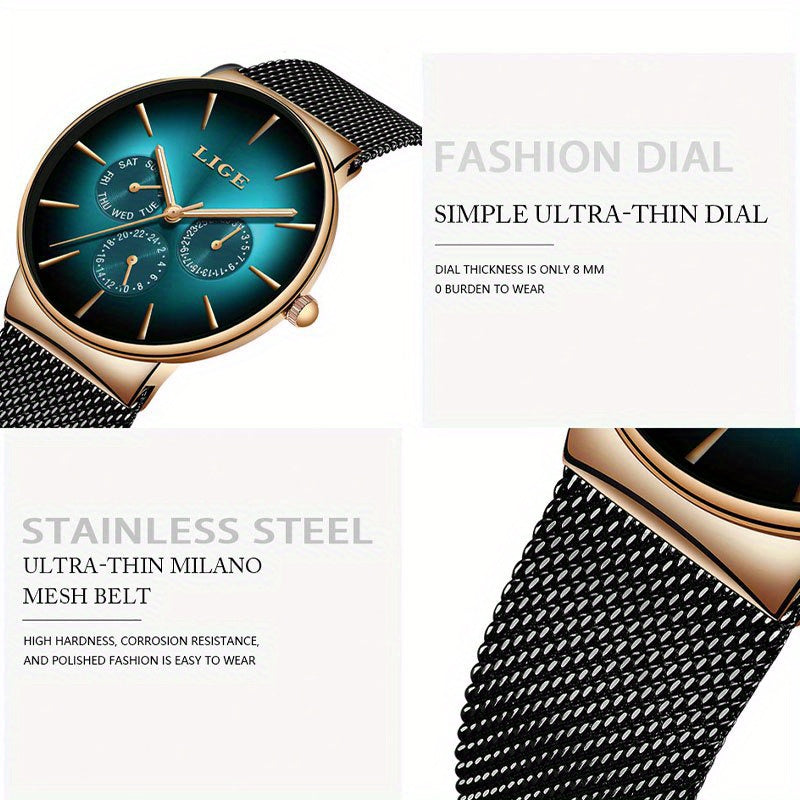 Men’s Ultra-Thin Luxury Mesh Steel Watch – Multifunction Quartz, 24‑Hour Subdial, Day/Date Calendar | Elegant Business & Casual Gift