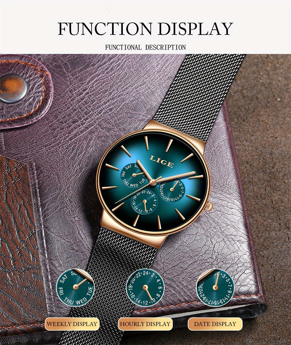 Men’s Ultra-Thin Luxury Mesh Steel Watch – Multifunction Quartz, 24‑Hour Subdial, Day/Date Calendar | Elegant Business & Casual Gift