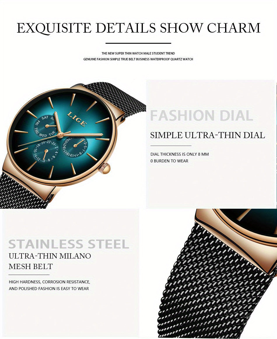 Men’s Ultra-Thin Luxury Mesh Steel Watch – Multifunction Quartz, 24‑Hour Subdial, Day/Date Calendar | Elegant Business & Casual Gift