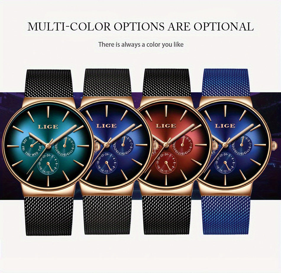 Men’s Ultra-Thin Luxury Mesh Steel Watch – Multifunction Quartz, 24‑Hour Subdial, Day/Date Calendar | Elegant Business & Casual Gift