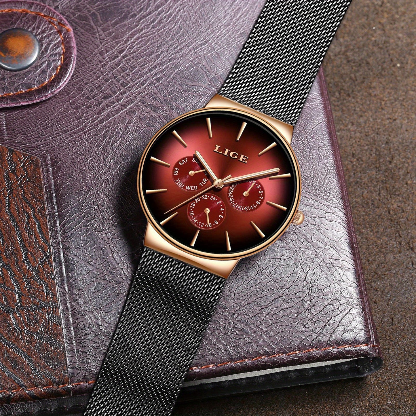 Men’s Ultra-Thin Luxury Mesh Steel Watch – Multifunction Quartz, 24‑Hour Subdial, Day/Date Calendar | Elegant Business & Casual Gift