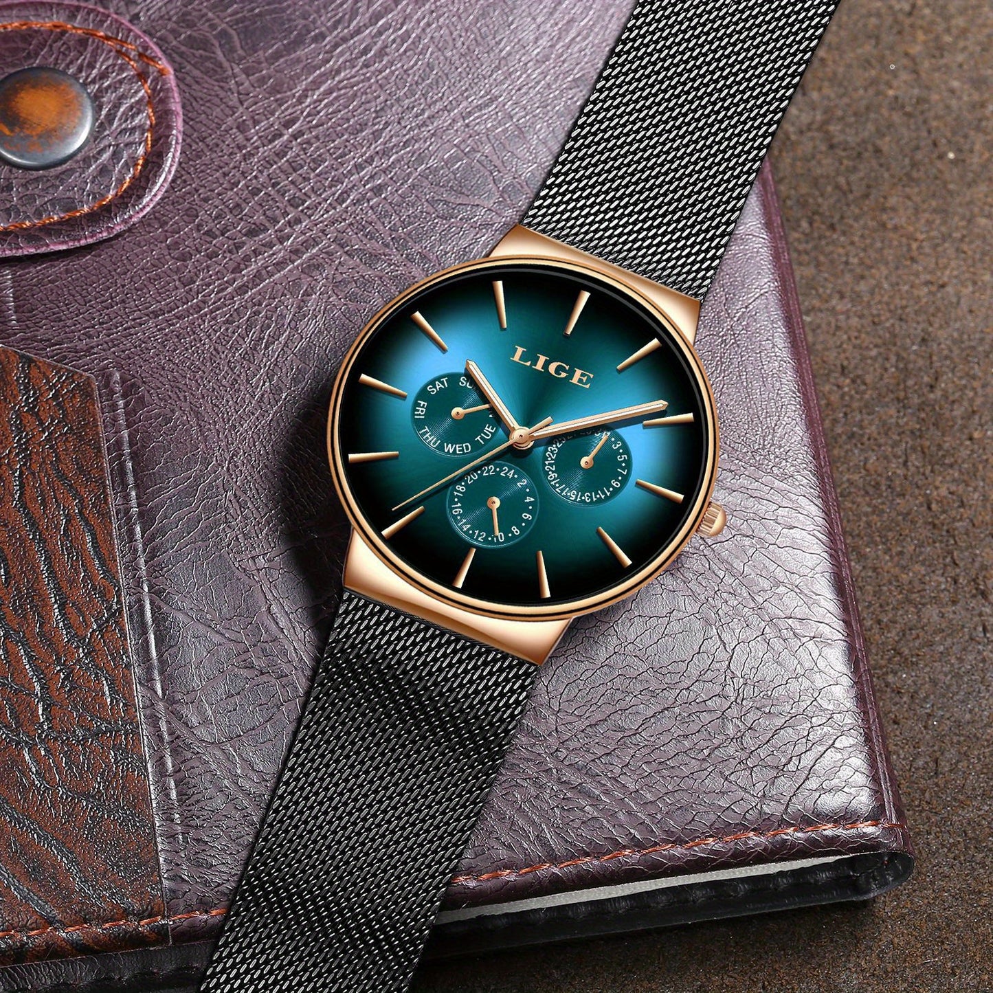 Men’s Ultra-Thin Luxury Mesh Steel Watch – Multifunction Quartz, 24‑Hour Subdial, Day/Date Calendar | Elegant Business & Casual Gift