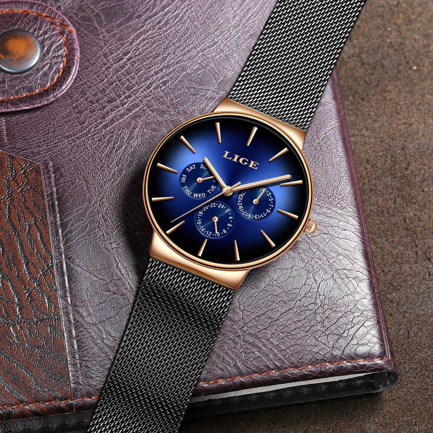 Men’s Ultra-Thin Luxury Mesh Steel Watch – Multifunction Quartz, 24‑Hour Subdial, Day/Date Calendar | Elegant Business & Casual Gift