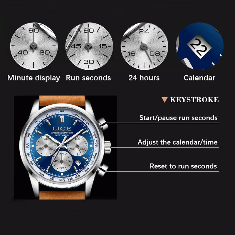 Unisex Business Casual Quartz Watch – Luminous Display, Calendar, Chronograph Subdials, Classic Leather Strap | Stylish Gift for Men & Women