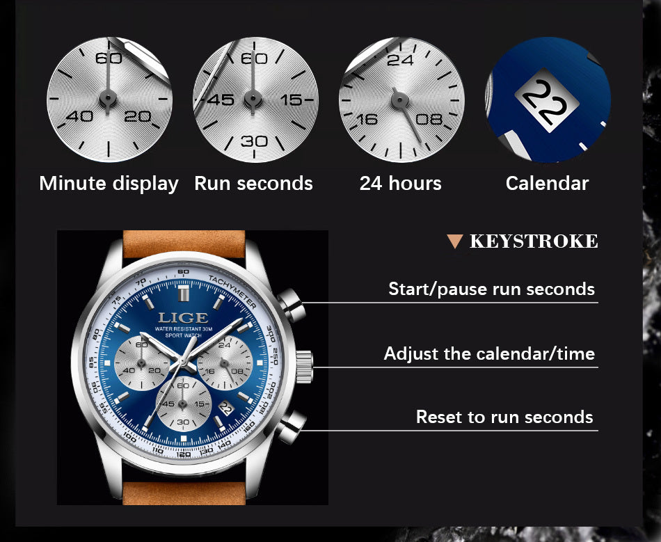 Unisex Business Casual Quartz Watch – Luminous Display, Calendar, Chronograph Subdials, Classic Leather Strap | Stylish Gift for Men & Women