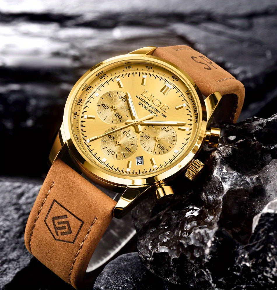 Unisex Business Casual Quartz Watch – Luminous Display, Calendar, Chronograph Subdials, Classic Leather Strap | Stylish Gift for Men & Women