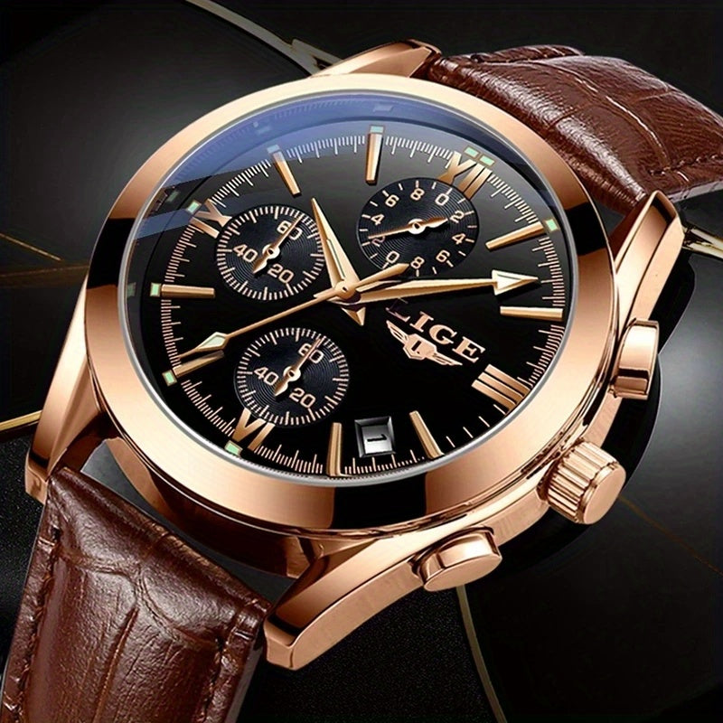 Men’s Luxury Waterproof Quartz Watch – Rose Gold Accents, Brown Leather Strap, Black Dial | Elegant & Versatile Dress Wristwatch