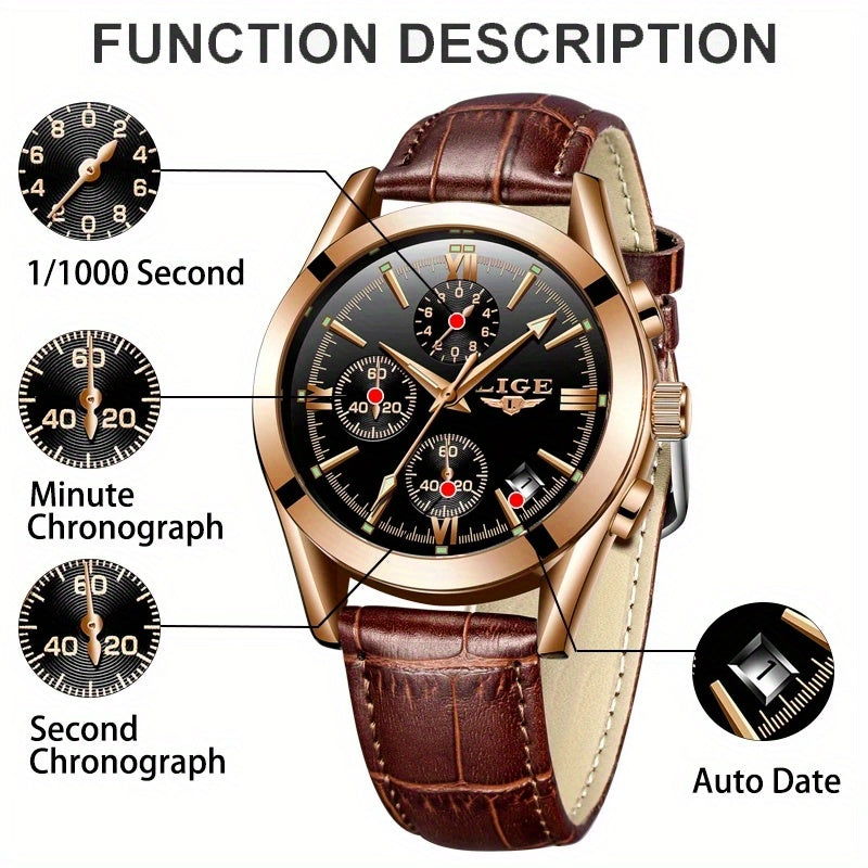 Men’s Luxury Waterproof Quartz Watch – Rose Gold Accents, Brown Leather Strap, Black Dial | Elegant & Versatile Dress Wristwatch