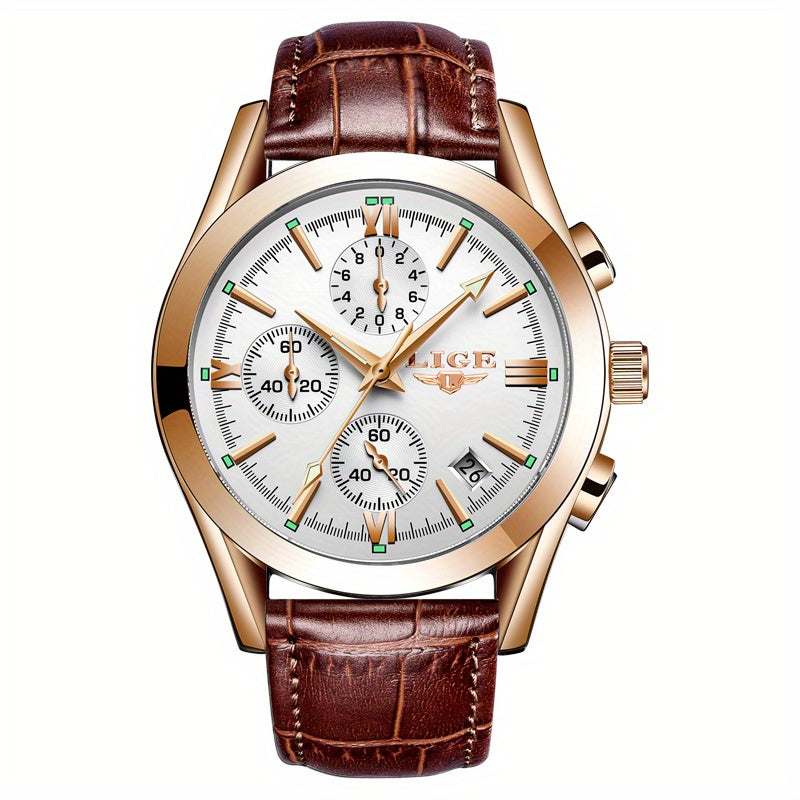 Men’s Luxury Waterproof Quartz Watch – Rose Gold Accents, Brown Leather Strap, Black Dial | Elegant & Versatile Dress Wristwatch