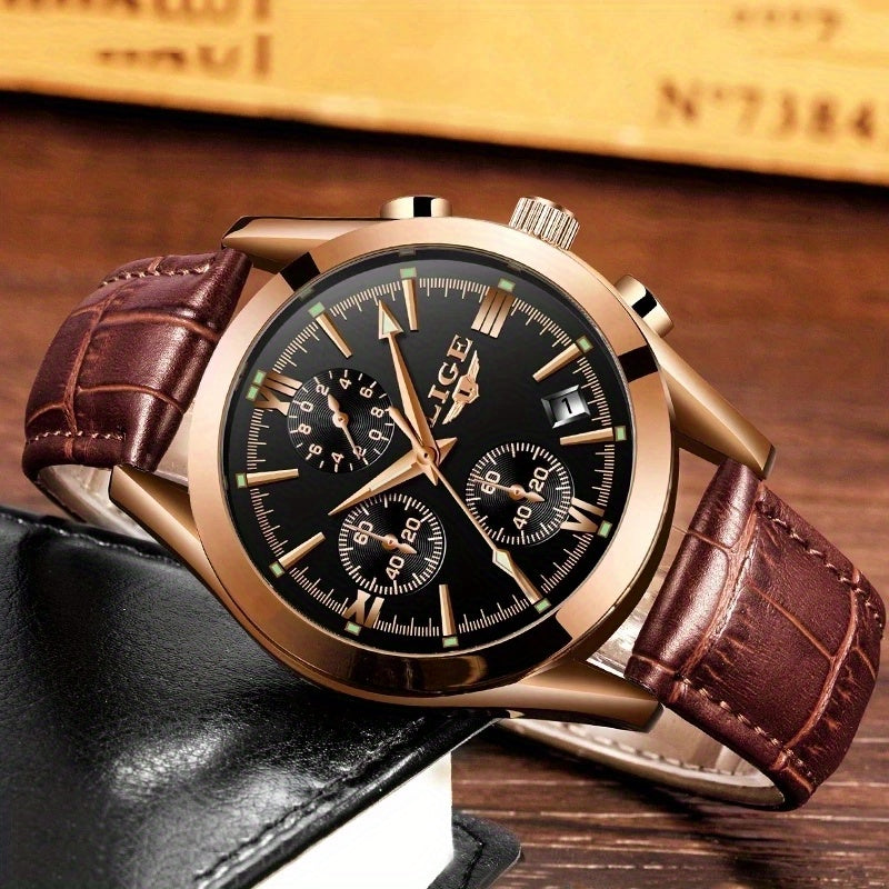 Men’s Luxury Waterproof Quartz Watch – Rose Gold Accents, Brown Leather Strap, Black Dial | Elegant & Versatile Dress Wristwatch