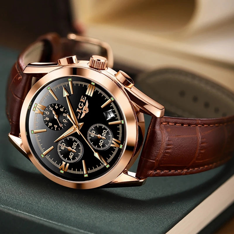 Men’s Luxury Waterproof Quartz Watch – Rose Gold Accents, Brown Leather Strap, Black Dial | Elegant & Versatile Dress Wristwatch