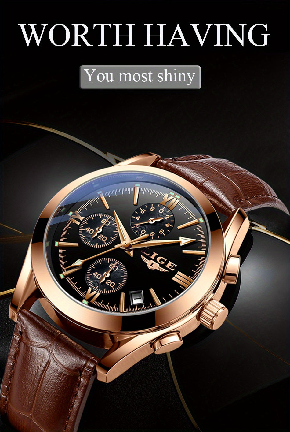 Men’s Luxury Waterproof Quartz Watch – Rose Gold Accents, Brown Leather Strap, Black Dial | Elegant & Versatile Dress Wristwatch