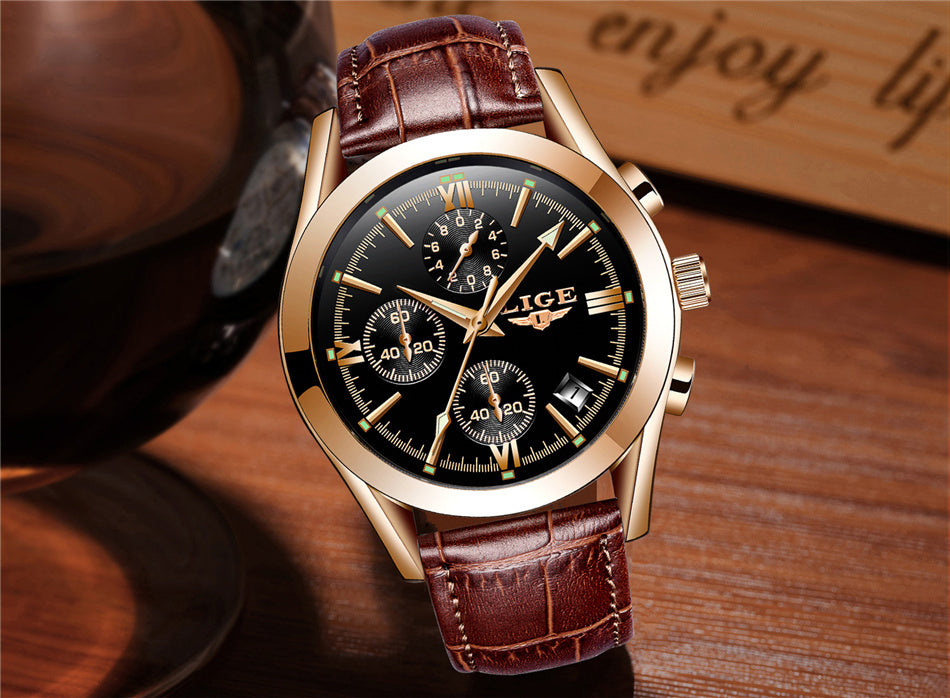 Men’s Luxury Waterproof Quartz Watch – Rose Gold Accents, Brown Leather Strap, Black Dial | Elegant & Versatile Dress Wristwatch
