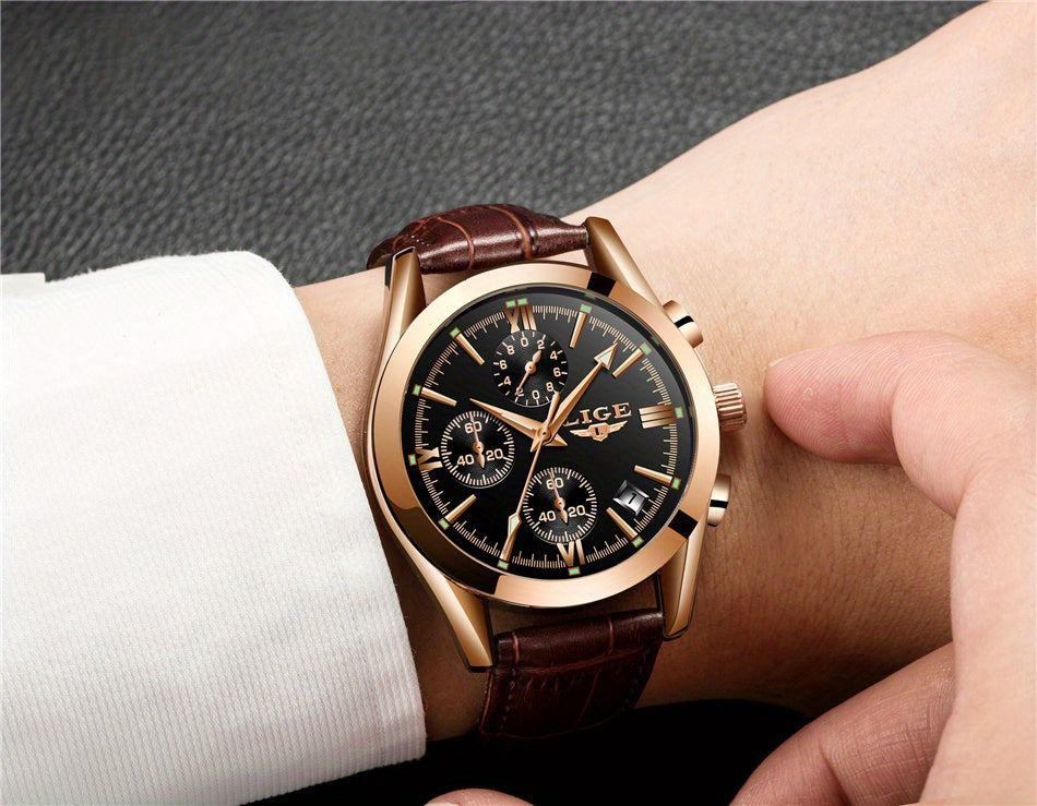 Men’s Luxury Waterproof Quartz Watch – Rose Gold Accents, Brown Leather Strap, Black Dial | Elegant & Versatile Dress Wristwatch