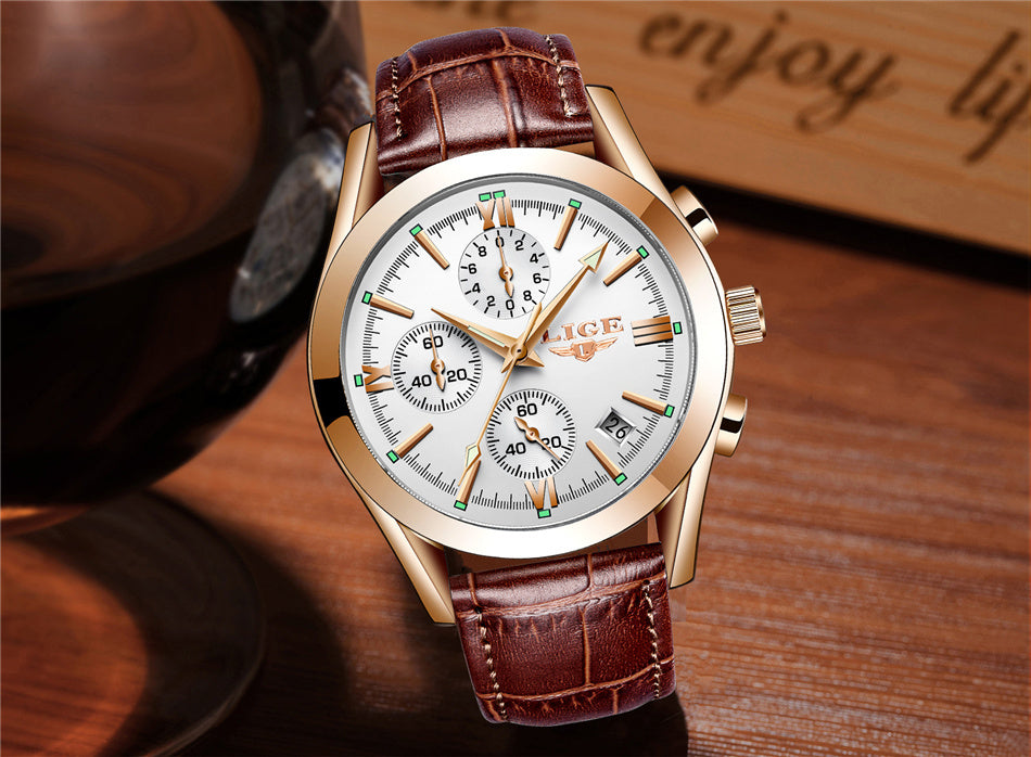 Men’s Luxury Waterproof Quartz Watch – Rose Gold Accents, Brown Leather Strap, Black Dial | Elegant & Versatile Dress Wristwatch