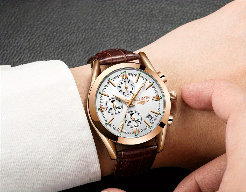 Men’s Luxury Waterproof Quartz Watch – Rose Gold Accents, Brown Leather Strap, Black Dial | Elegant & Versatile Dress Wristwatch