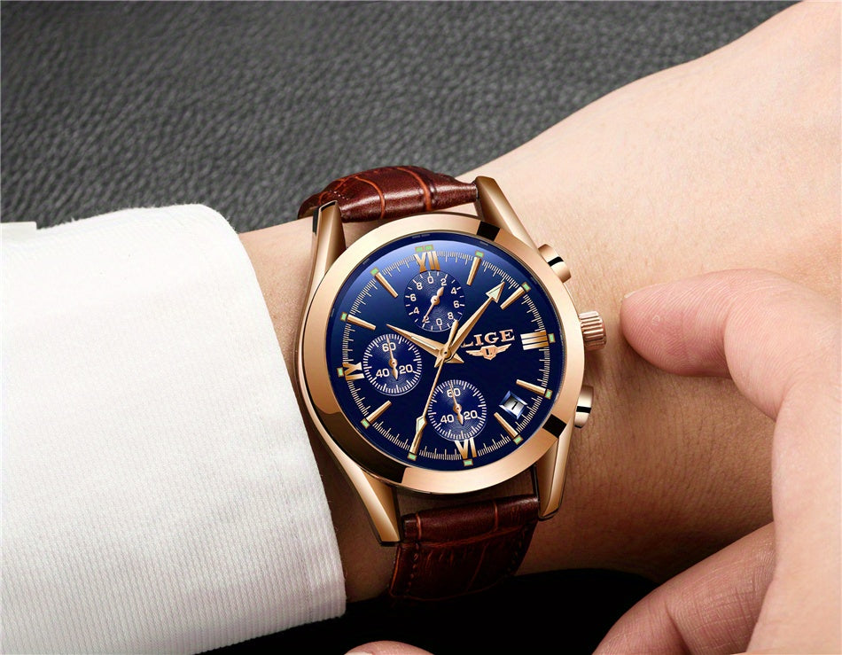 Men’s Luxury Waterproof Quartz Watch – Rose Gold Accents, Brown Leather Strap, Black Dial | Elegant & Versatile Dress Wristwatch