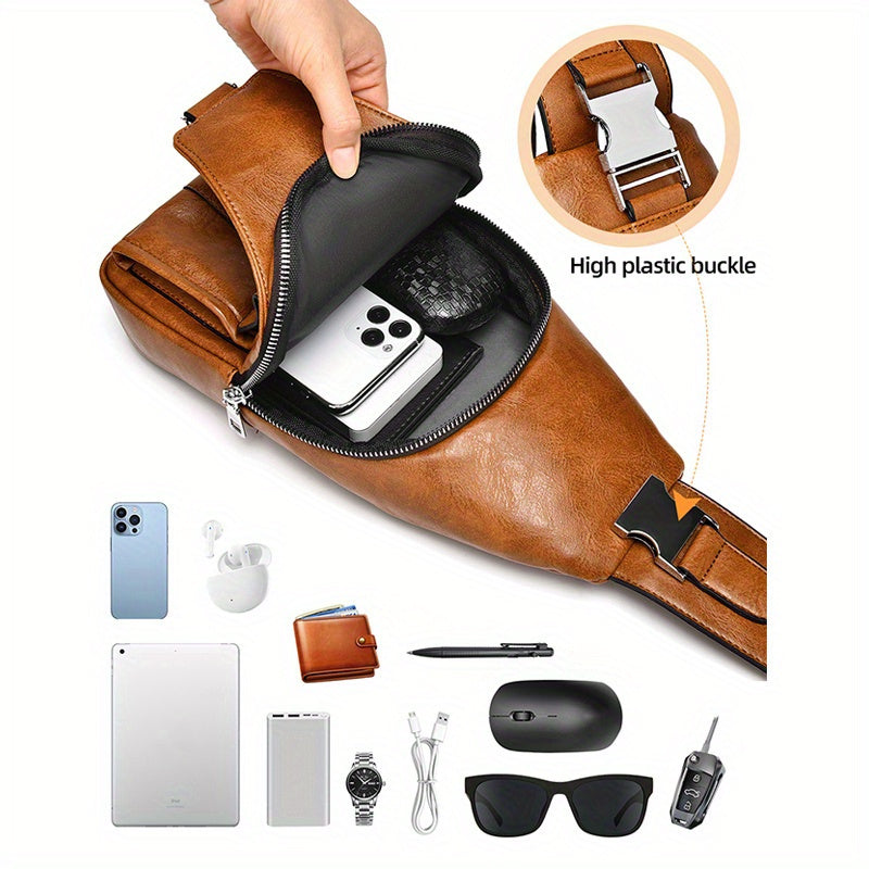 Men's Vintage Multi-Pocket Messenger Bag – Large Capacity PU Leather Crossbody with Tablet Compartment | Lightweight Brown Shoulder Bag