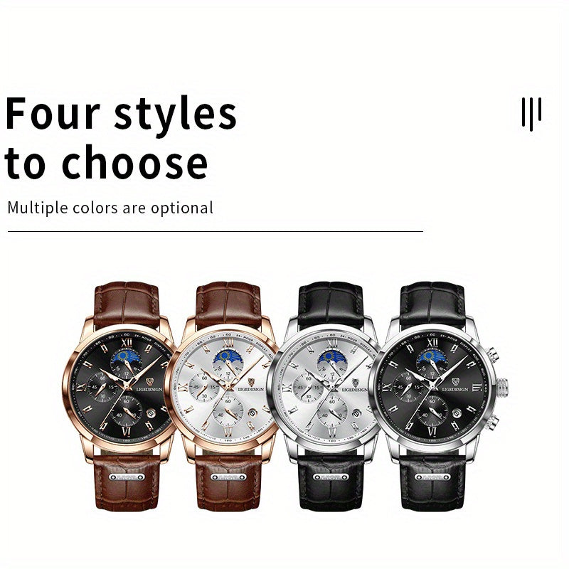 Men’s Fashion Quartz Watch – 24‑Hour Calendar, Night‑Light Mode, Genuine Leather Strap (Business‑Casual)
