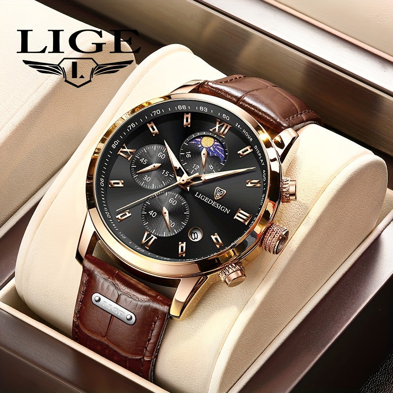 Men’s Fashion Quartz Watch – 24‑Hour Calendar, Night‑Light Mode, Genuine Leather Strap (Business‑Casual)