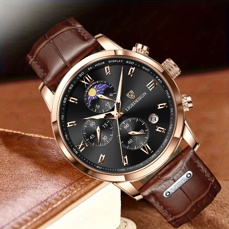 Men’s Fashion Quartz Watch – 24‑Hour Calendar, Night‑Light Mode, Genuine Leather Strap (Business‑Casual)