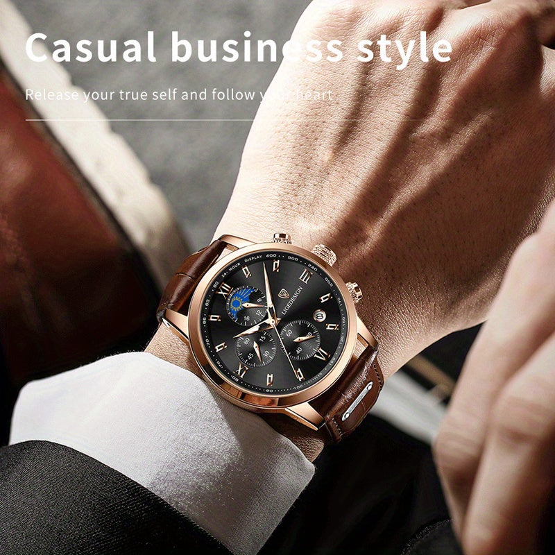 Men’s Fashion Quartz Watch – 24‑Hour Calendar, Night‑Light Mode, Genuine Leather Strap (Business‑Casual)