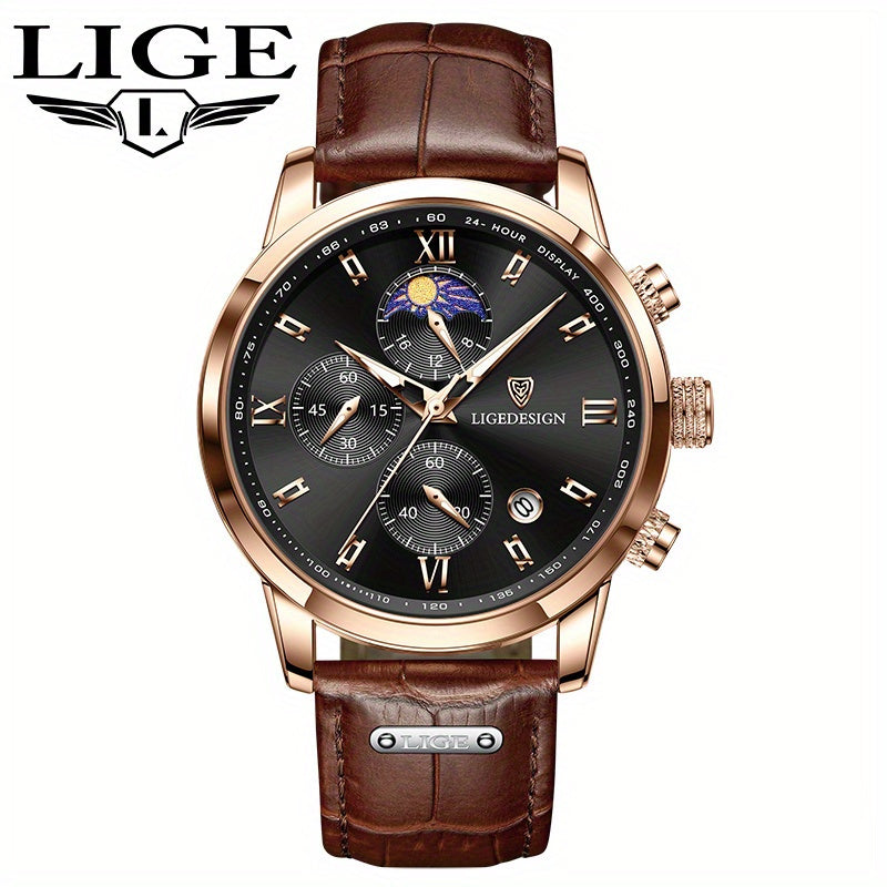 Men’s Fashion Quartz Watch – 24‑Hour Calendar, Night‑Light Mode, Genuine Leather Strap (Business‑Casual)