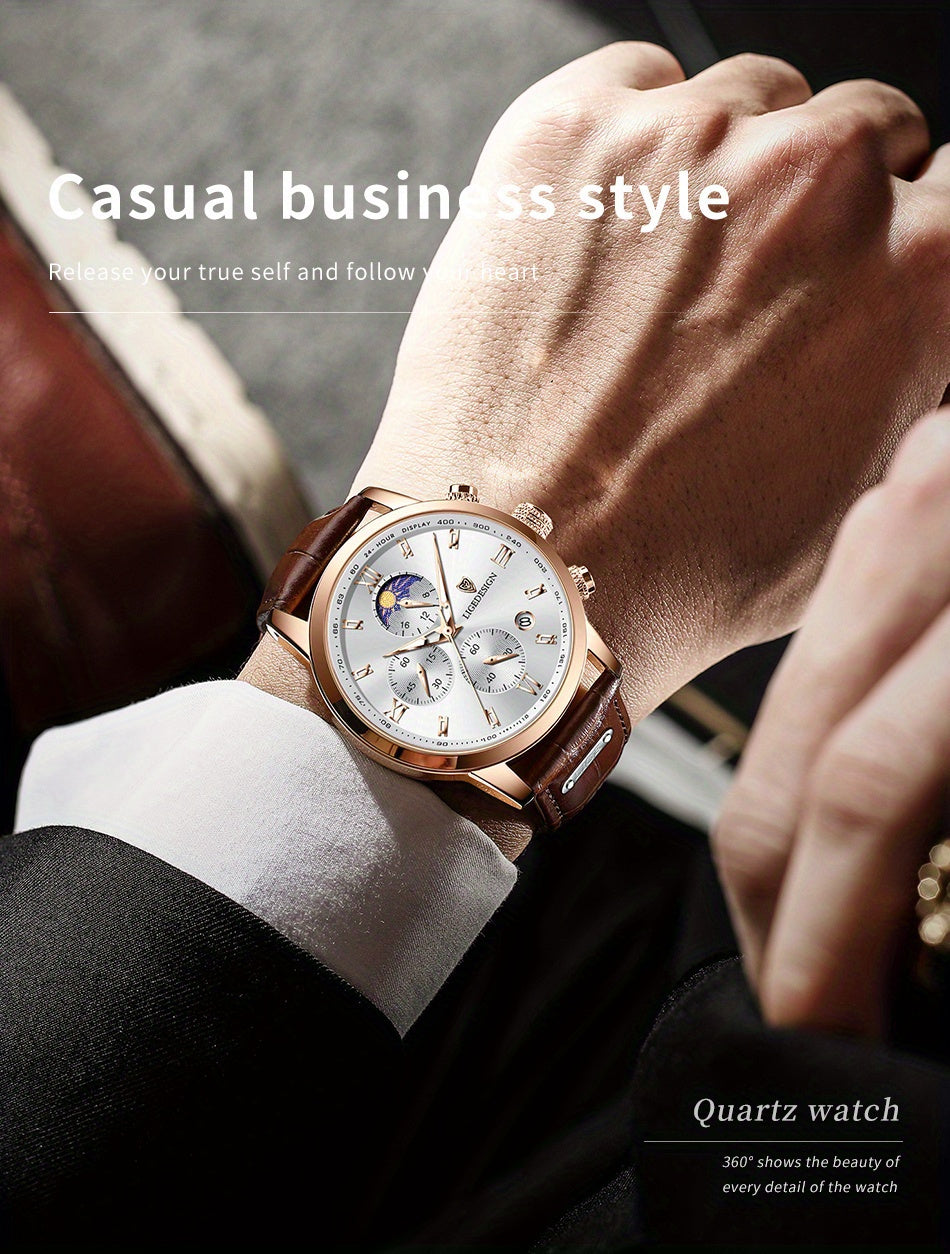 Men’s Fashion Quartz Watch – 24‑Hour Calendar, Night‑Light Mode, Genuine Leather Strap (Business‑Casual)