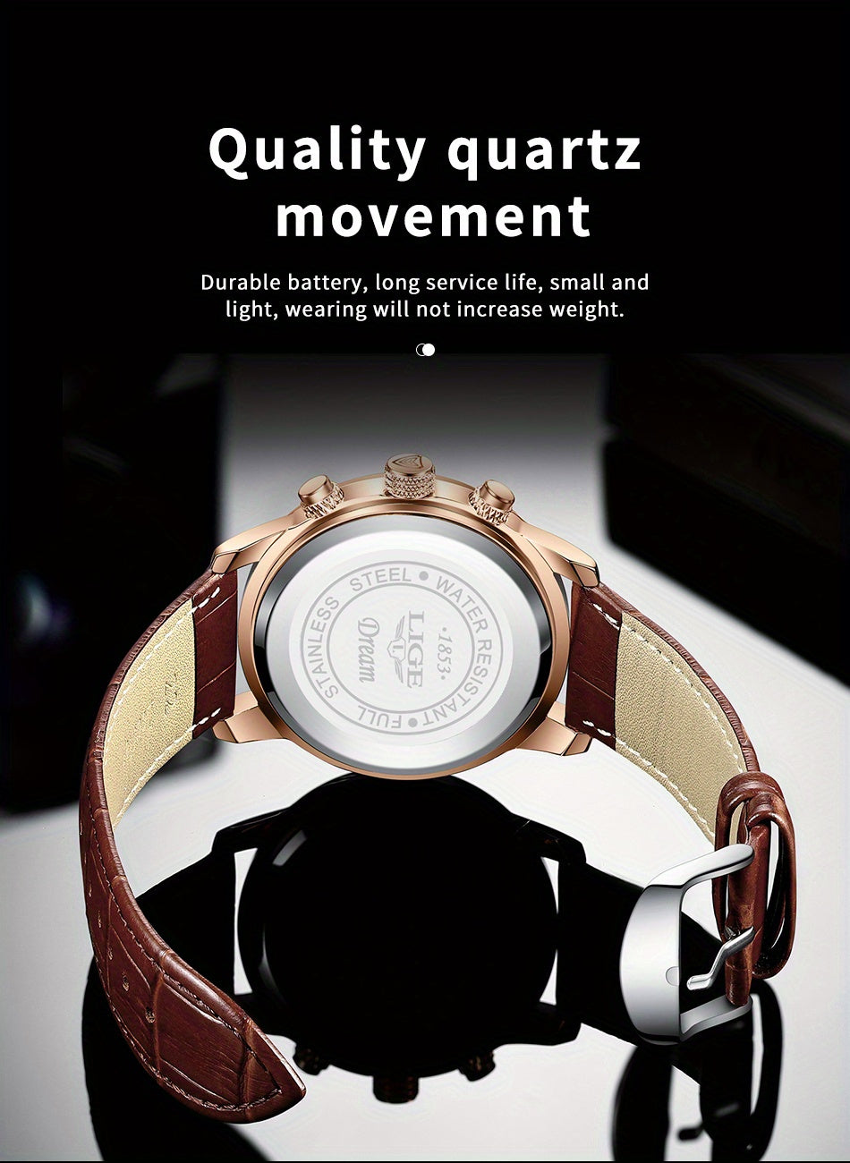 Men’s Fashion Quartz Watch – 24‑Hour Calendar, Night‑Light Mode, Genuine Leather Strap (Business‑Casual)