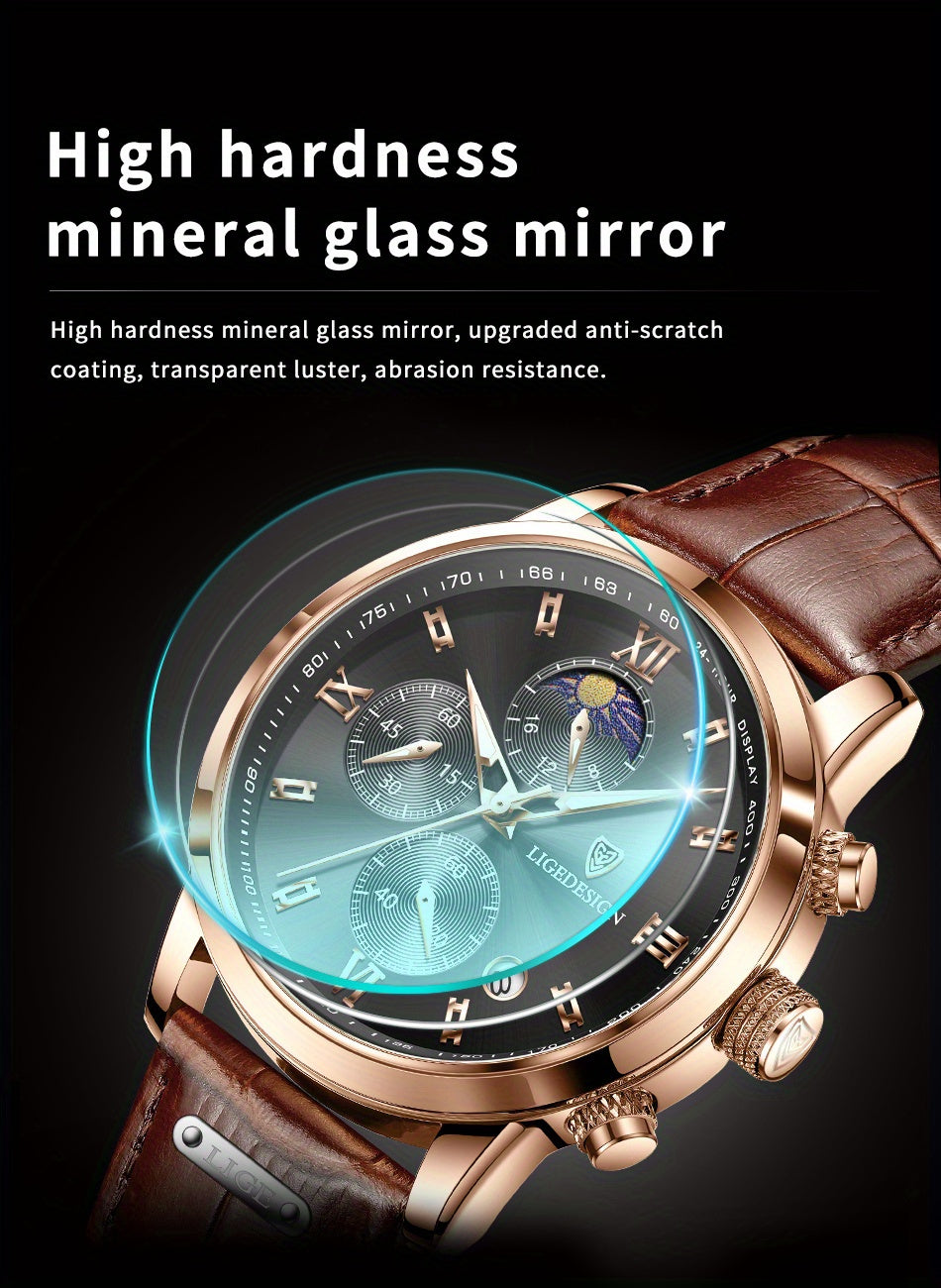 Men’s Fashion Quartz Watch – 24‑Hour Calendar, Night‑Light Mode, Genuine Leather Strap (Business‑Casual)