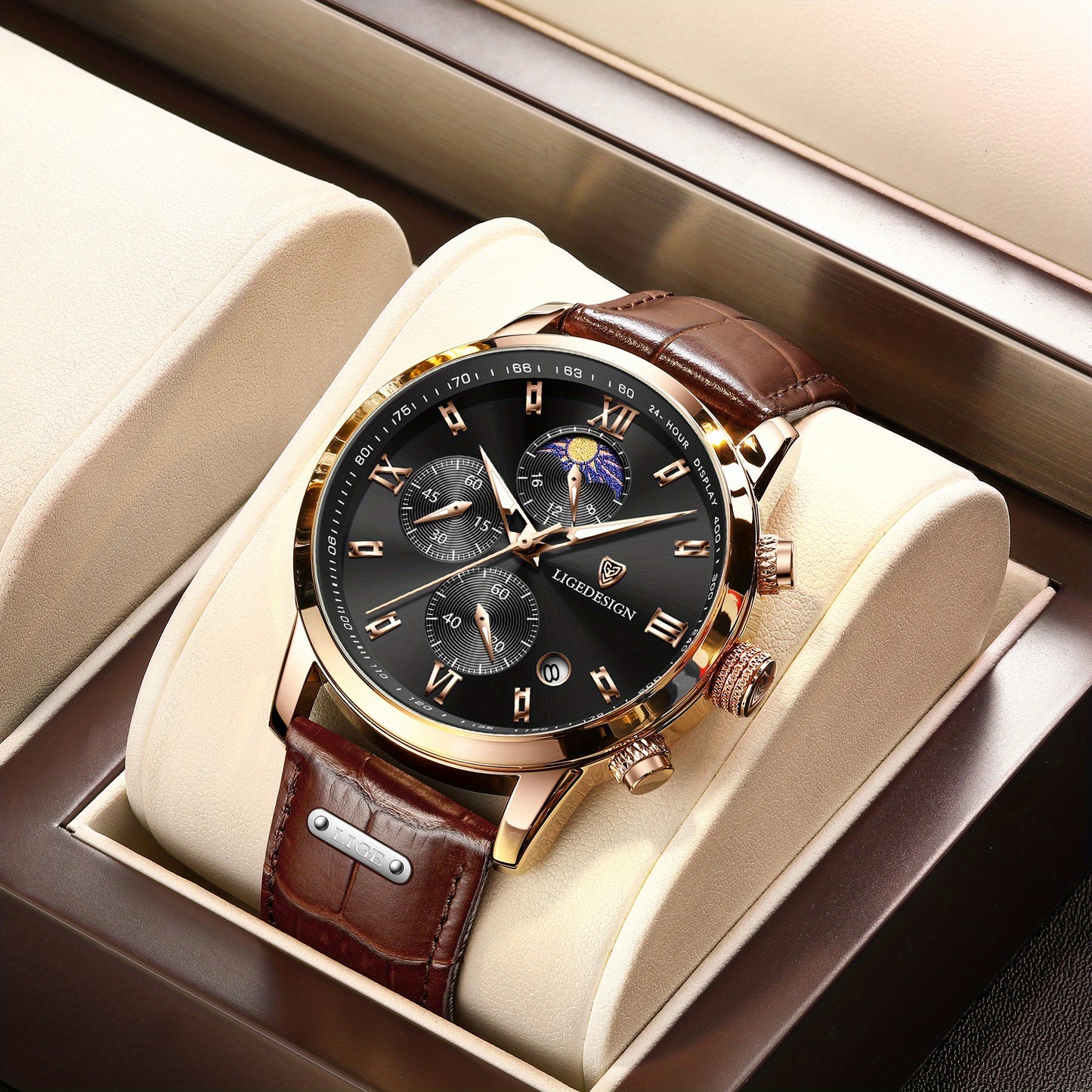 Men’s Fashion Quartz Watch – 24‑Hour Calendar, Night‑Light Mode, Genuine Leather Strap (Business‑Casual)